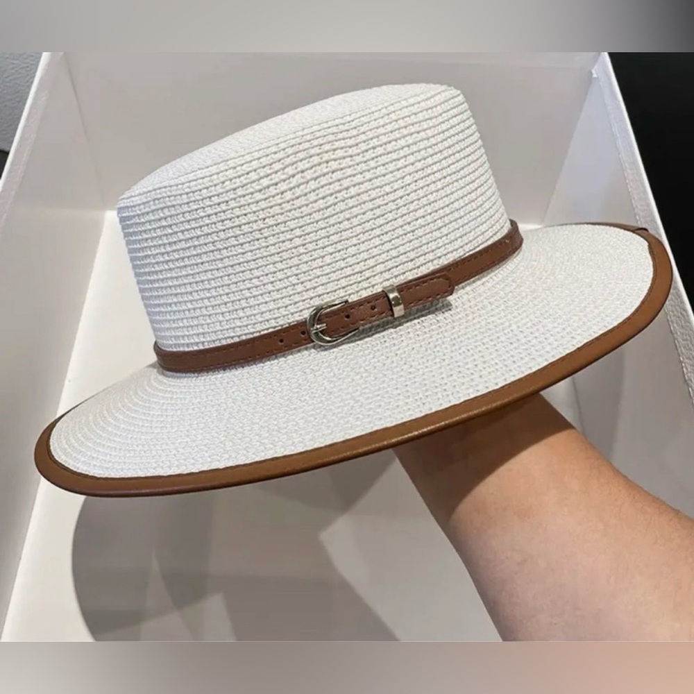 White Straw Like Fedora Hat with Brown Leather Band